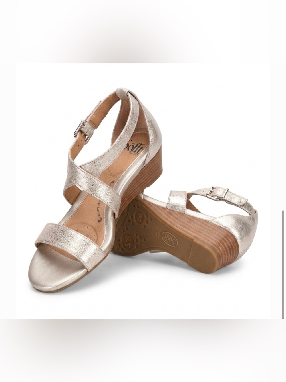 Söfft Metallic Champagne Gold Leather Low Wedge Sandals: 7.5